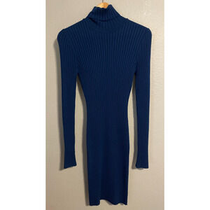Wolford Dress Womens Small Blue Ribbed Turtleneck Sweater Virgin Wool Stretch
